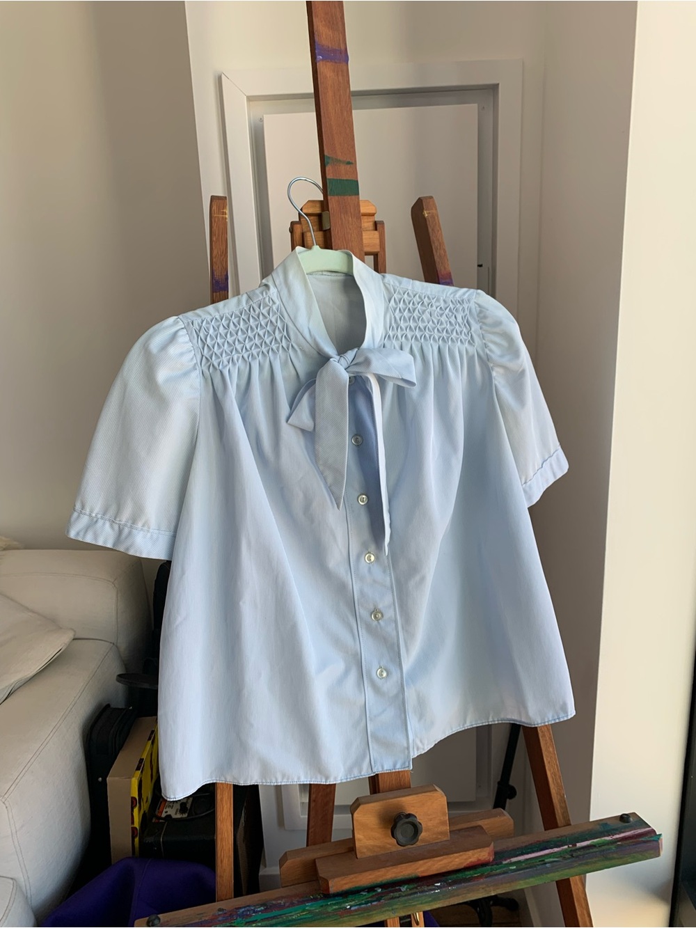 Light Blue Smocked Bow-Front Short Sleeve Blouse